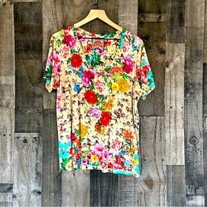 Johnny Was ~ Lace Garden Printed V-Neck Tee ~ Horses & Butterflies ~ XL